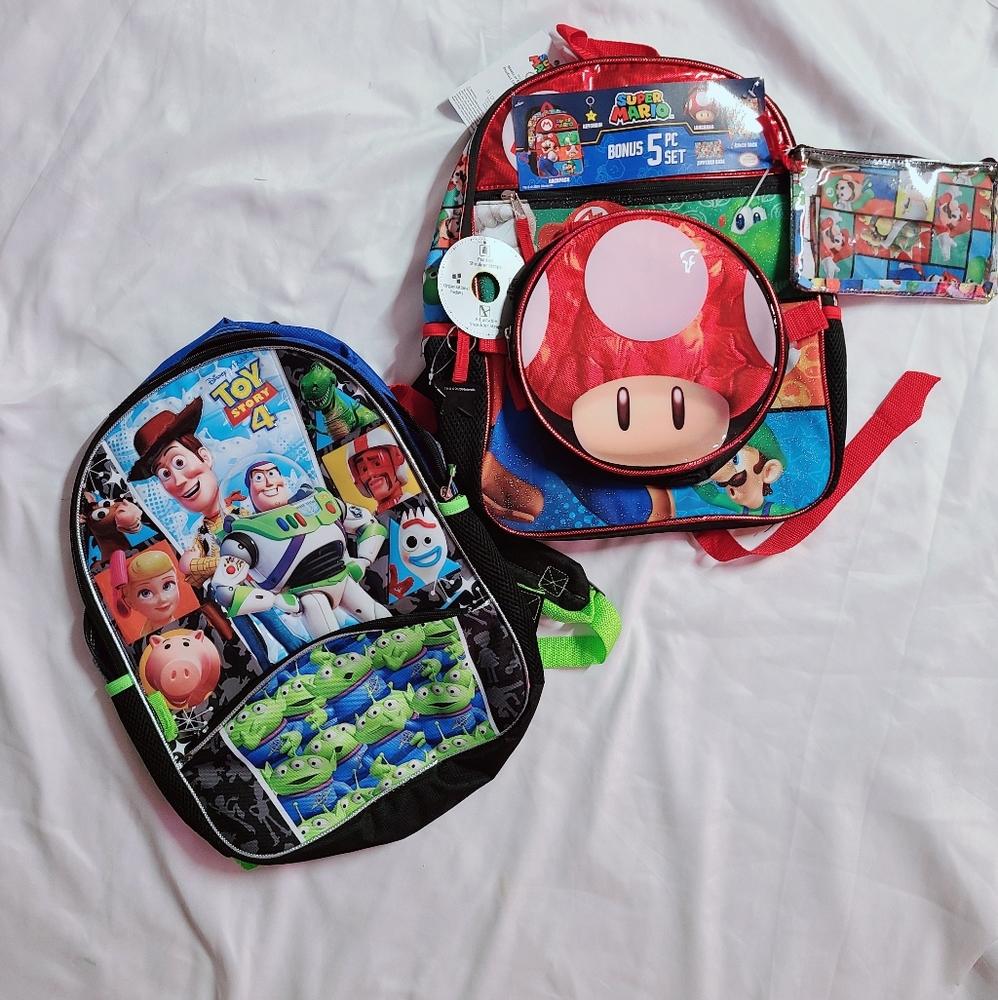 Kids School Backpack and Lunch bag Bundle Super Mario and Toy Story 4 + Extras!